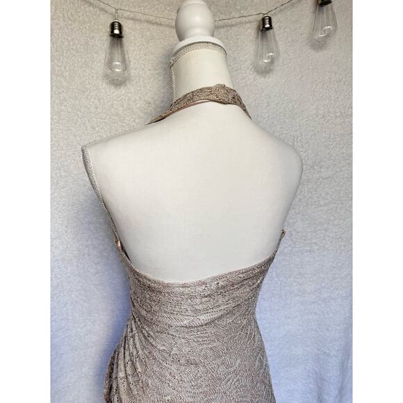 Vintage 90's Cach'e Gold Sparkly Halter Side Ruffle Maxi Dress Women's Small 4 - Picture 8 of 13